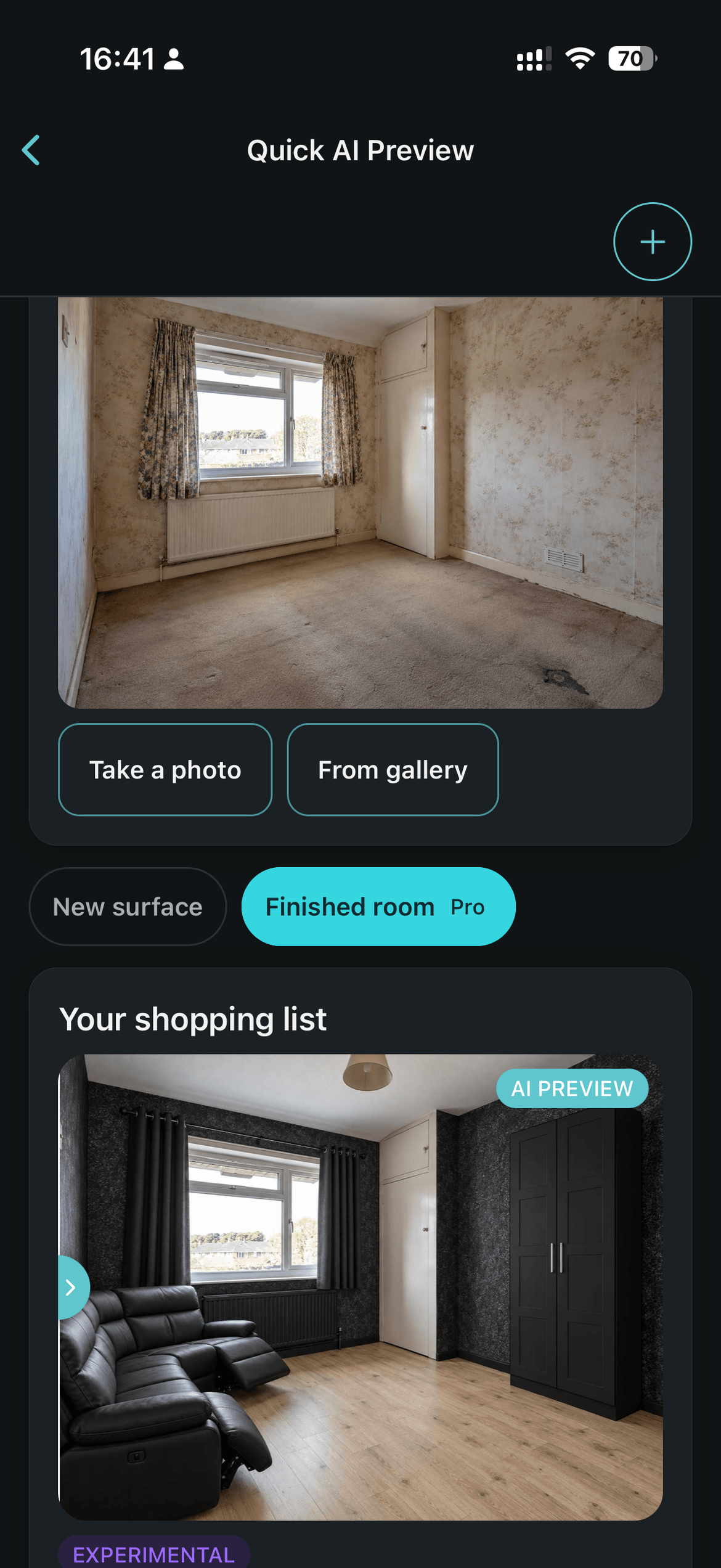 Quick AI Preview: the room photo above, the AI preview of the finished room with the chosen products below, labelled AI PREVIEW