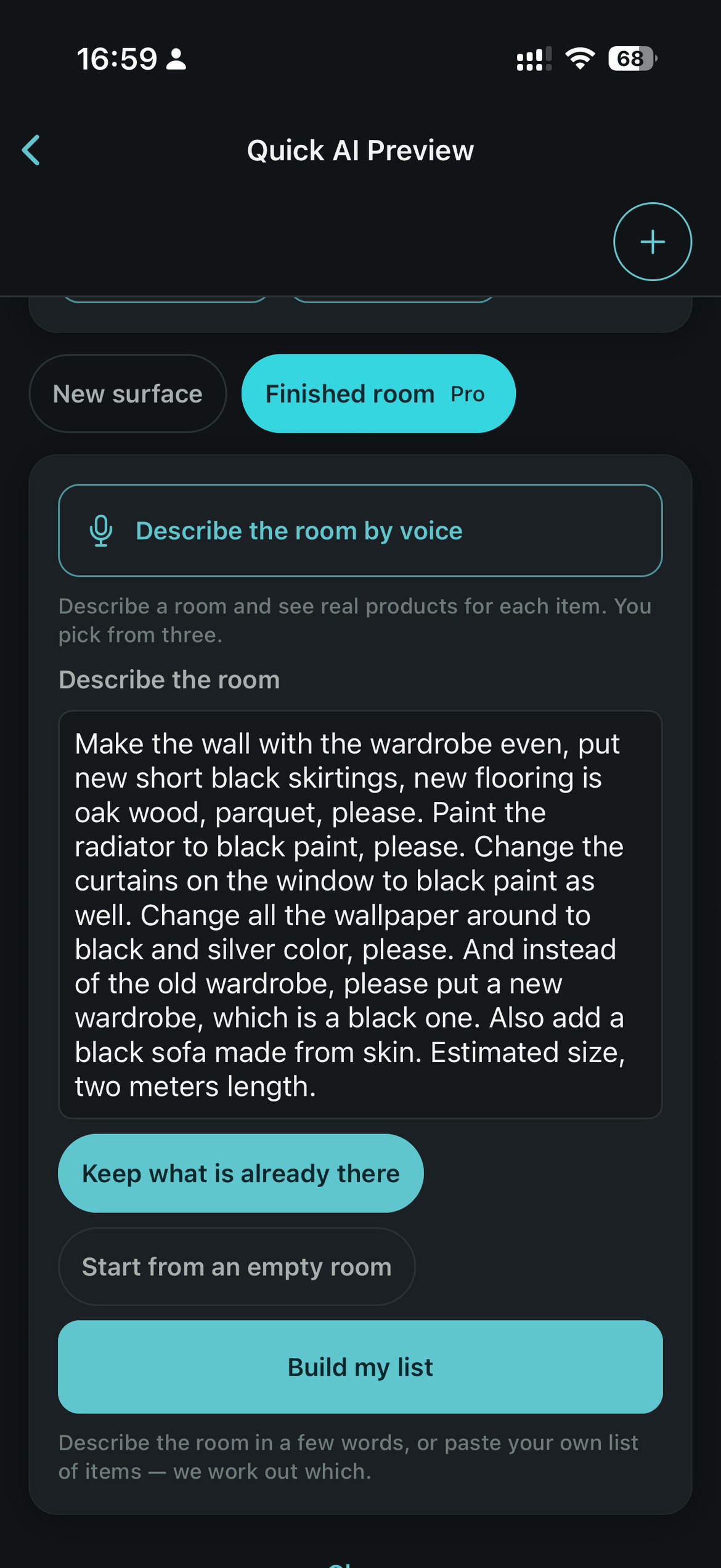 Quick AI Preview: the Describe the room by voice button, with the room brief dictated by voice filled in below it